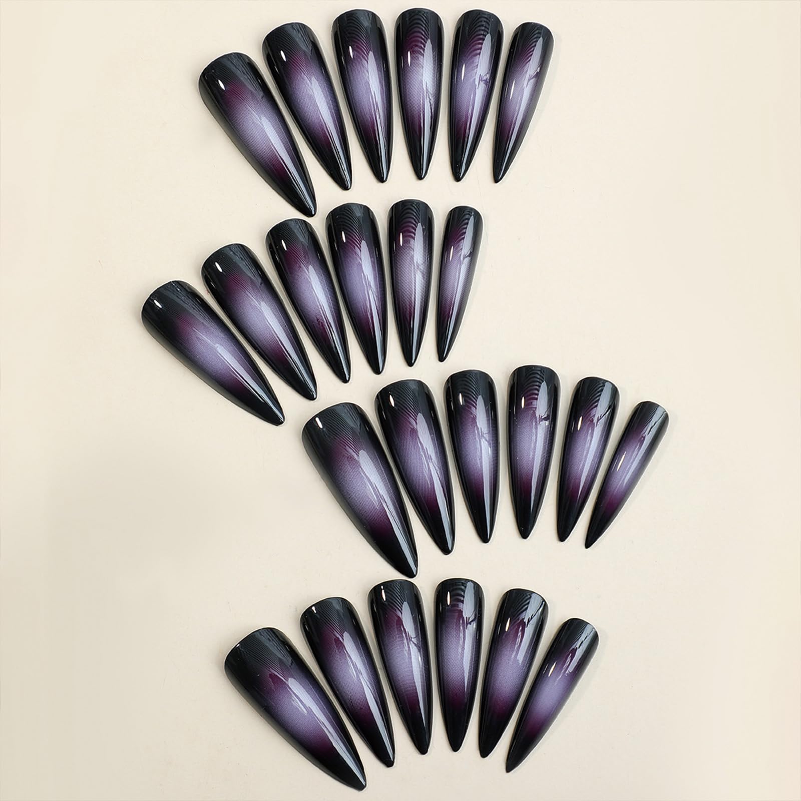 SINHOT Press on Nails Long Stiletto Fake Nails Glossy Glue on Nails Goth Black Acrylic Nails Sharp Almond Artificial Nails Purple Ombre Aura Stick on False Nails with Design 24 pcs - Image 2