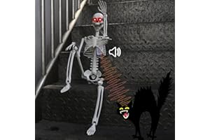 DUNCHATY Halloween Hanging Posable Skeleton - 3FT Halloween Prop Skull with LED Glowing Eyes and Creepy Shrilling Sound - Sound Activated Outdoor Halloween Decorations Skeleton Decoration