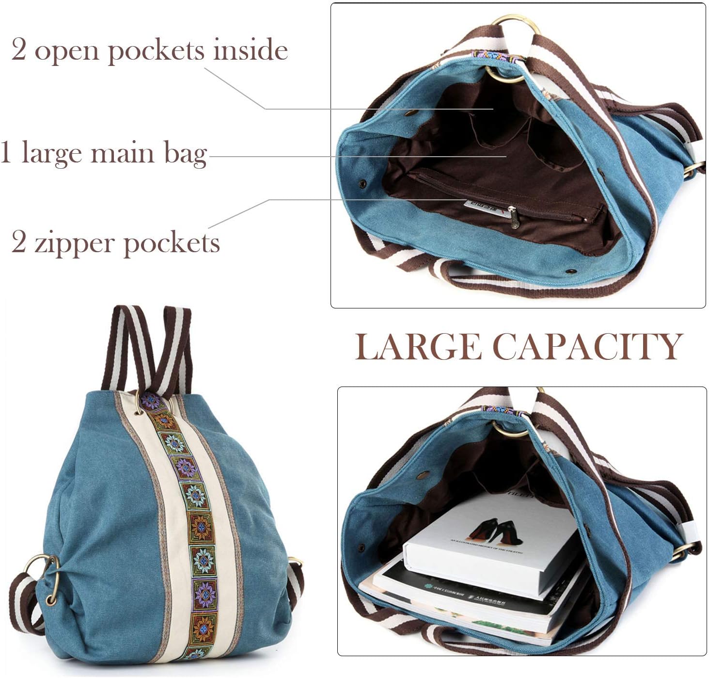  | Women Canvas Backpack Daypack Casual Shoulder Bag, Vintage Heavy-duty Anti-theft Travel Backpack (Green Blue) | Kids' Backpacks