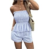 SweatyRocks Women's 2 Piece Vacation Outfits Striped Ruffle Hem Tube Top and Shorts Set Summer