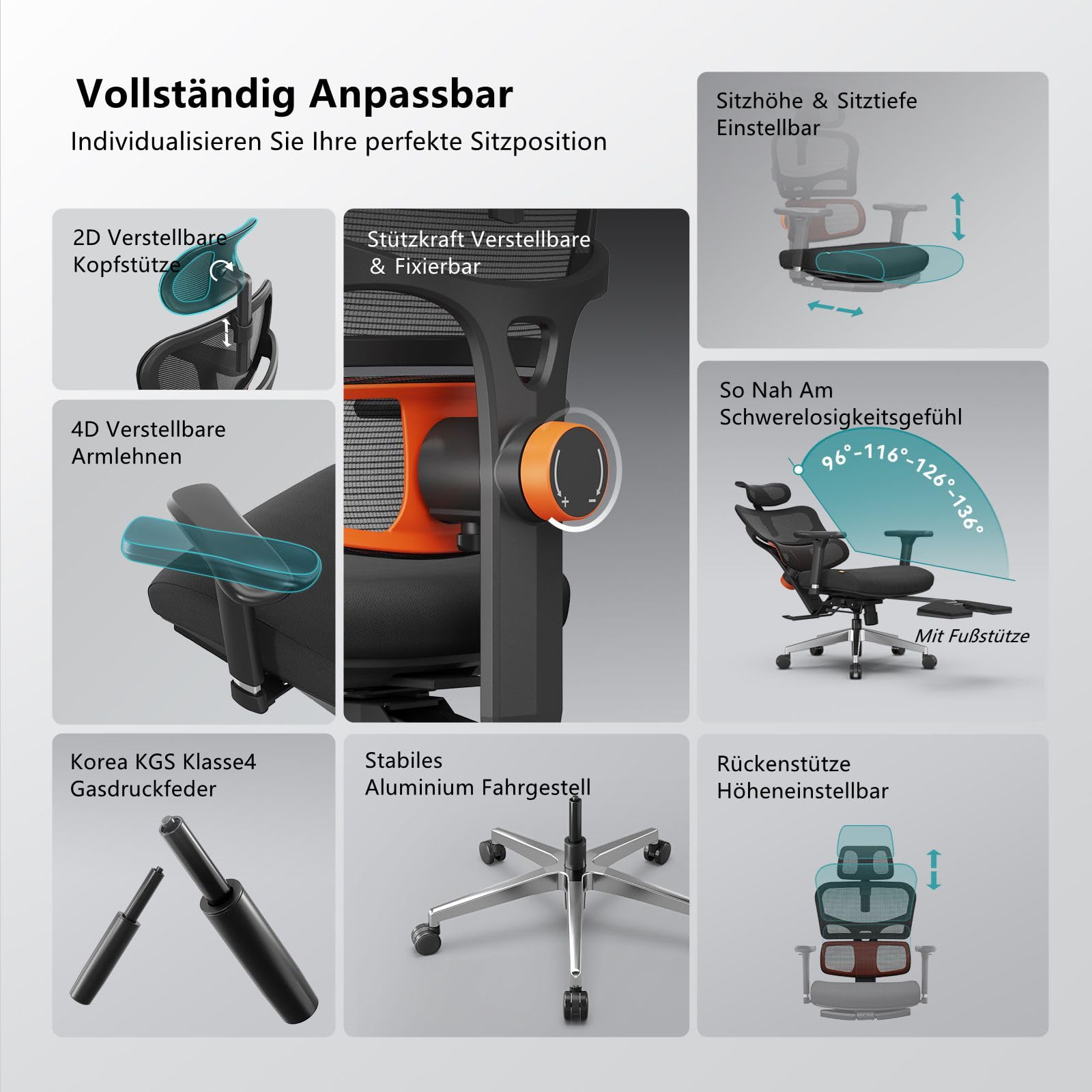 Newtral NT002 Bürostuhl Ergonomisch mit Fußstütze, Ergonomischer Schreibtischstuhl 150kg, Ergonomic Office Chair PC Stuhl mit Verstellbare Kopfstütze Armlehne (NT002 mit Fußstütze, Schwarz) 3