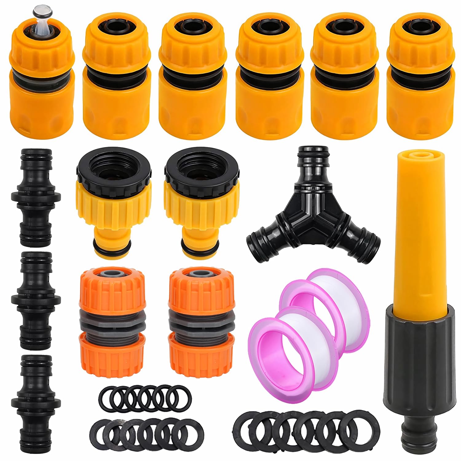 Miyobing Garden Hose Fitting Set: Nozzle, Hose End Quick Connector, Hose Repair Connector, Waterstop Accessory, Double Male, Y Coupling, 2in1 Threaded Tap Connectors, PTFE Tape etc
