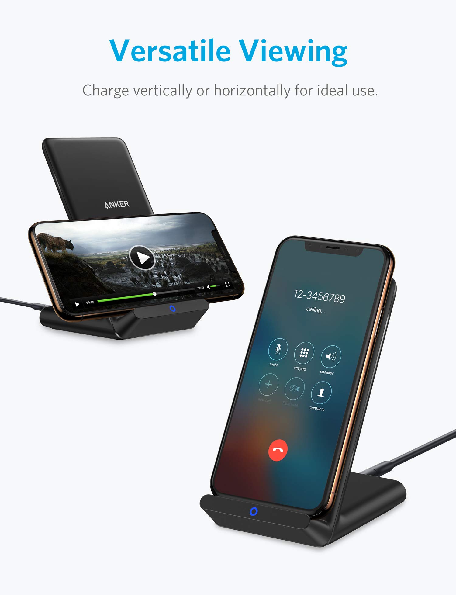 Anker Wireless Charger, Qi-Certified Wireless Charging Stand for iPhone X, iPhone 8/8 Plus, Samsung Galaxy S9/S9+/S8/S8+/S7/Note 8, and More, PowerPort Wireless 5 Stand (No AC Adapter)