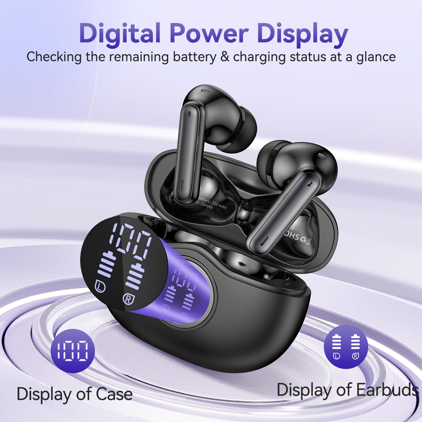 Wireless Earbuds, Bluetooth 5.3 Bass Stereo Headphones, 50 Hours of Playtime with Noise Cancelling Mic LED Display, 4 Microphones IPX7 Waterproof Earphones for Laptop Pad Phones, Black - Image 5