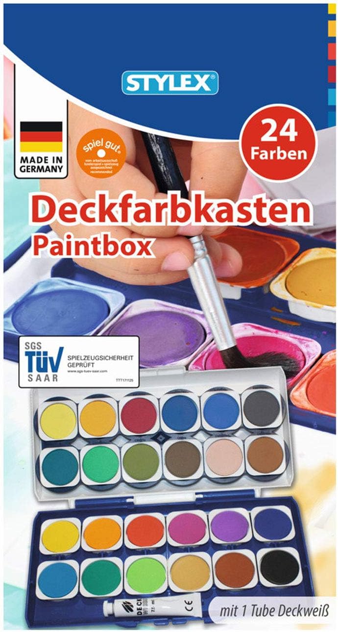 Stylex 28179 - Deckfarbkasten mit 24 Wassermalfarben und einer Tube Deckweiß, abnehmbarer Deckel mit 6 integrierten Feldern zum Mischen, ohne Pinsel