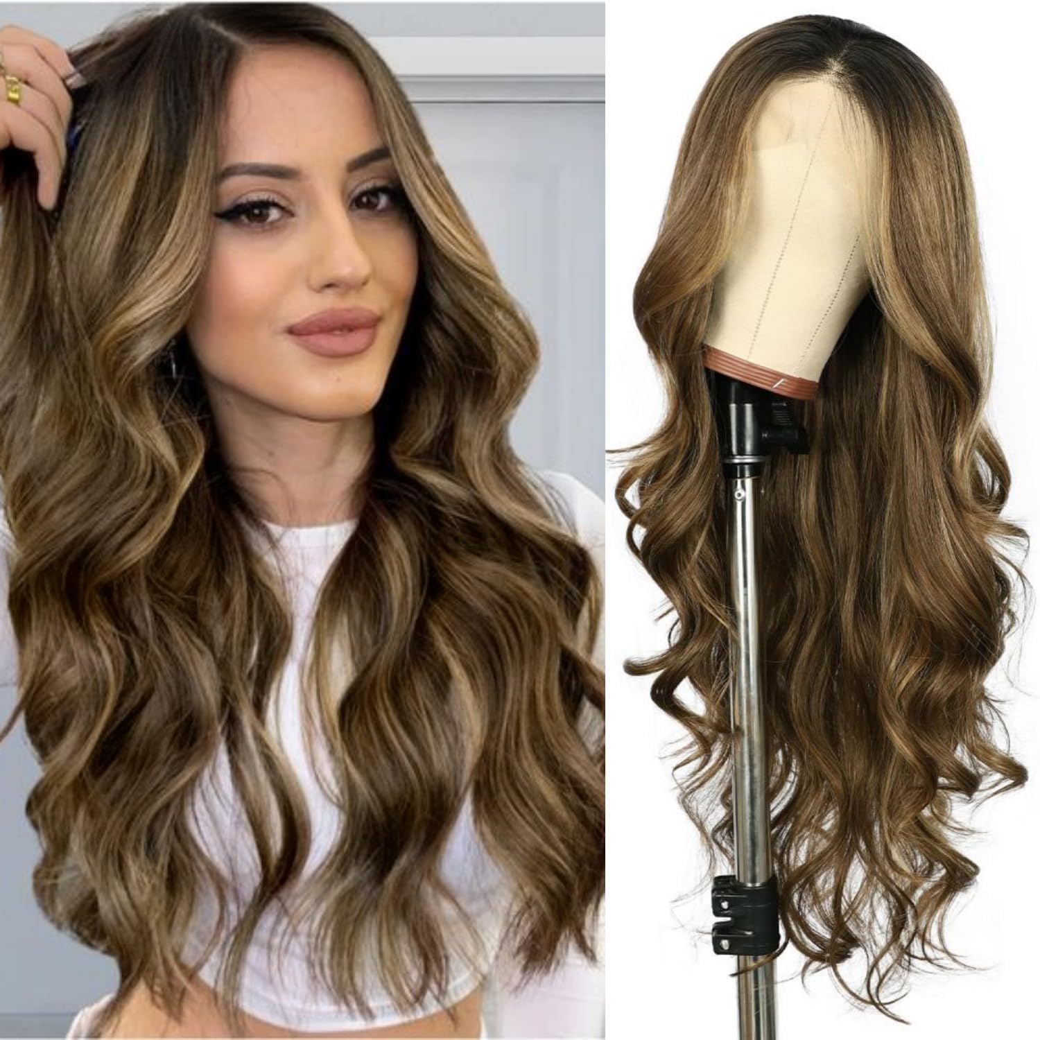 Photo 1 of SAPPHIREWIGS Highlight Brown Lace Front Wigs for Women 13×4 Free Part Ombre Chestnut Brown Wig Synthetic Long Wavy Wigs Glueless Heat Resistant Synthetic Wigs for Daily Party Use 26inch