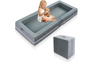 ABDTECH Portable Toddler Travel Bed - Foldable Toddler Floor Bed for Kids with 10cm Extension Foam, Easy to Assembly, Removable Washable Cover for Home, Travel & Daycare Use (Grey)