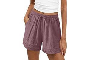 Womens Casual Cotton Linen Shorts High Waisted Lace Trim Lounge Shorts Loose Comfy Boho Summer Beach Vacation Outfits