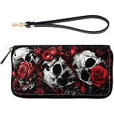 ZQLPLZR RFID-Blocking Zip-Around Wristlet for Women - Large Capacity Credit Card Holder with Detachable Strap, Fashion RFID Blocking Wallet,Skulls with Red Roses