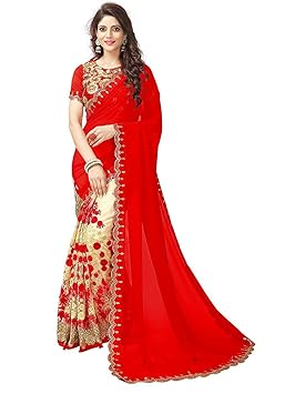 Women's Georgette and Net Embroidery Work Red Color Saree with Blouse Piece