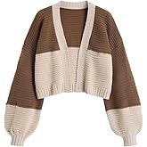 MakeMeChic Women's Color Block Cropped Cardigan Open Front Long Sleeve Knit Sweater