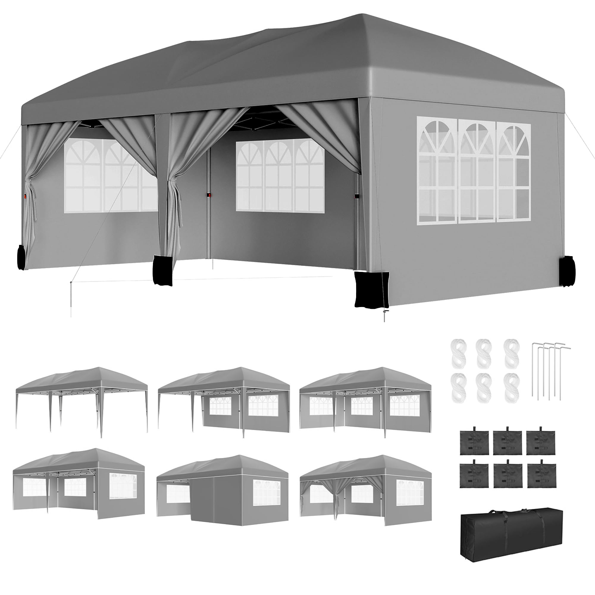 Photo 1 of **MAJOR DAMAGED/check clerk comments**
10X20FT Pop Up Wedding Party Tent with 6 Sidewalls, Heavy Duty Commercial Outdoor Canopy All Season Wind & Waterproof Canopy Gazebo with Storage Bag, Gray