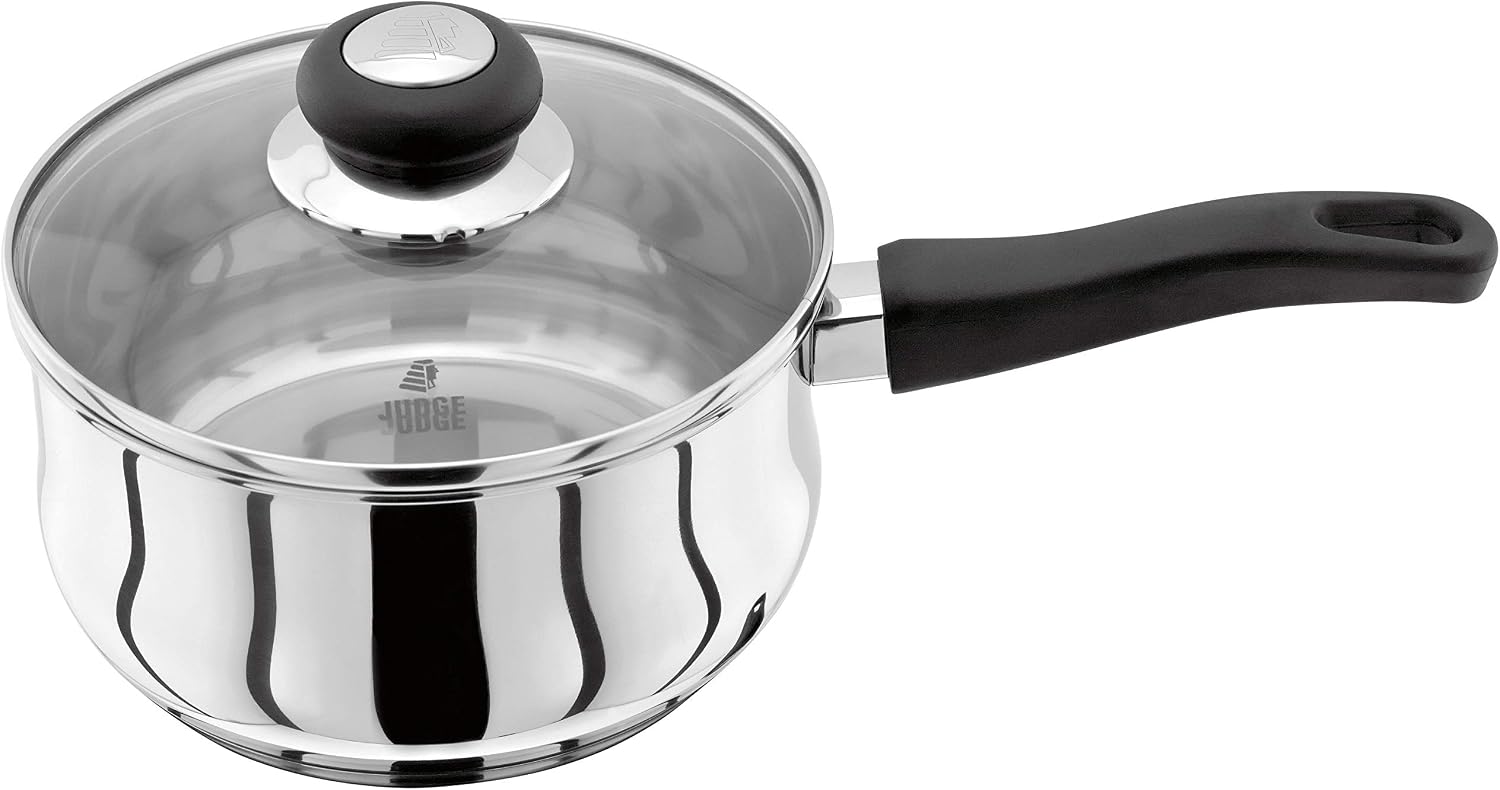 Judge Vista JJ06A Stainless Steel Large Saucepan 18cm 1.8L, Shatterproof Vented Glass Lid, Induction Ready, Oven Safe, 25 Year Guarantee
