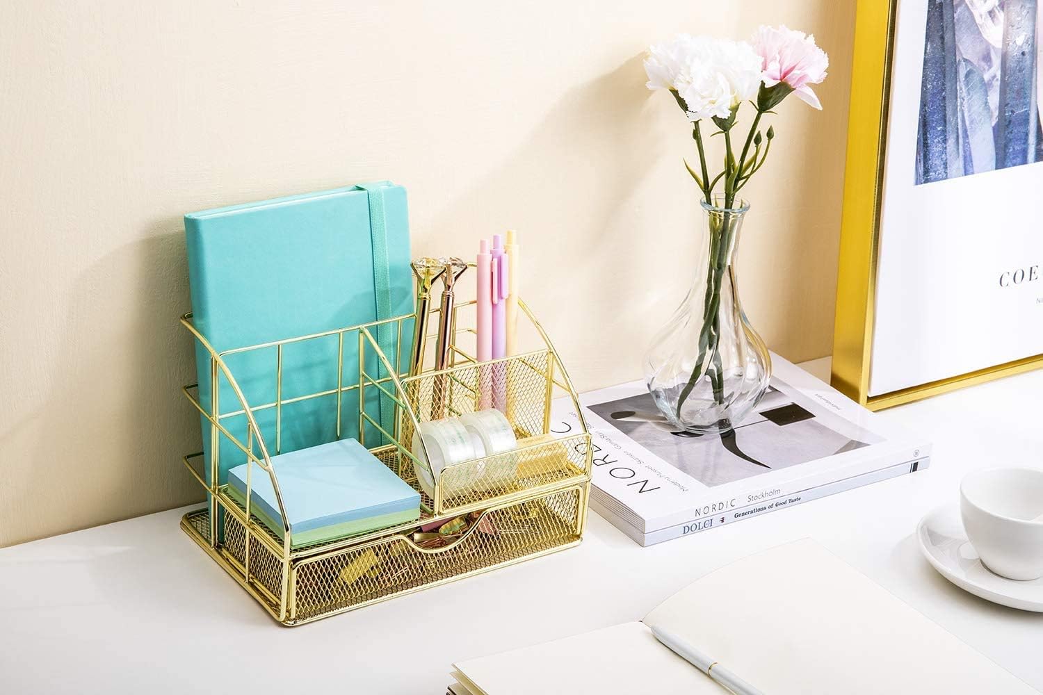 Upgraded Desk Organizer for Women, Cute Mesh Office Supplies Accessories Essentials Caddy with Drawer for Home & Office Desktop Organization & Decor, Gold : Office Products
