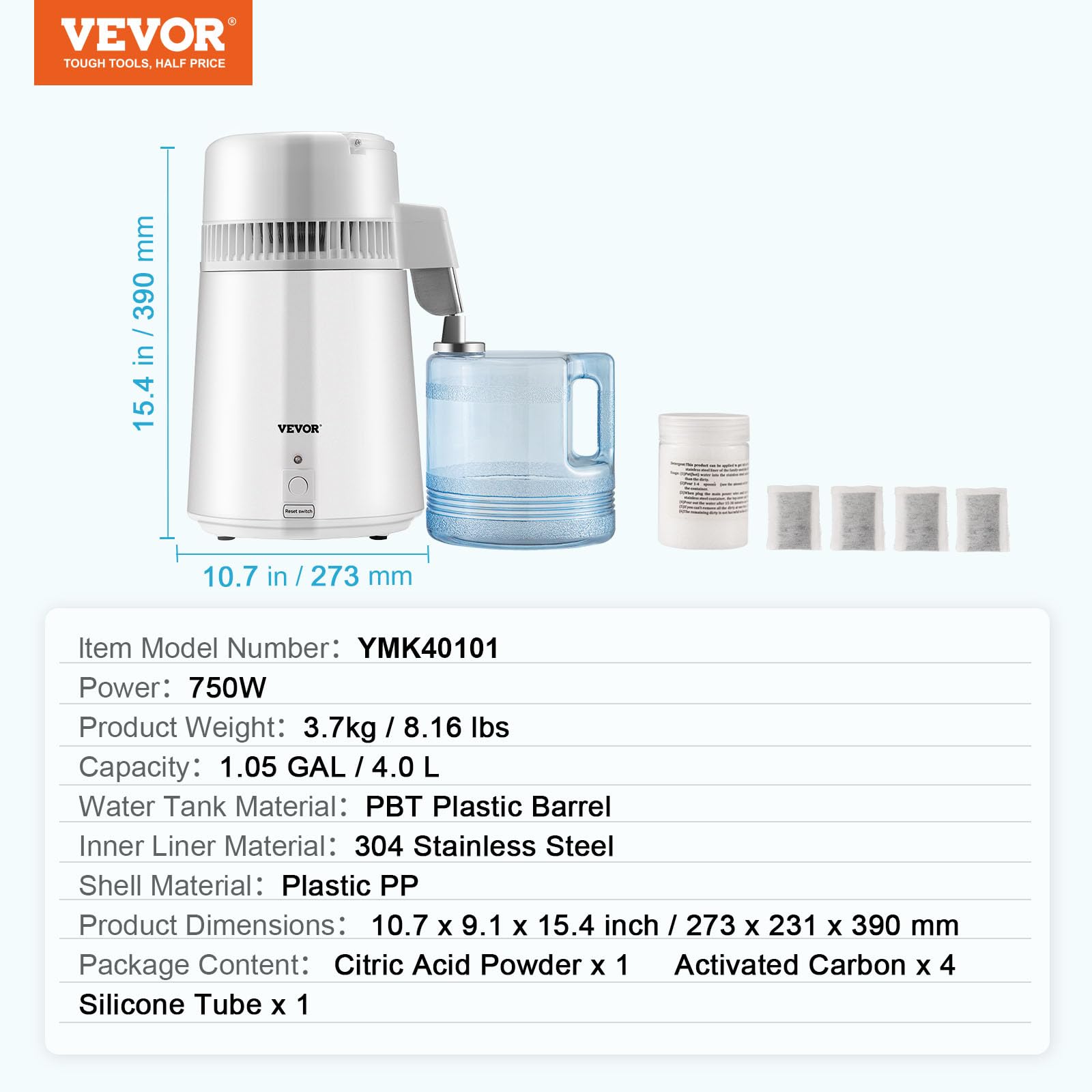 VEVOR Destilador de agua, máquina de agua destilada de 1,1 gal, destilación de agua pura de 750 W con contenedor de plástico libre de BPA, kit de destilación de agua con botón, fabricante de agua destilada de encimera para el hogar, blanco