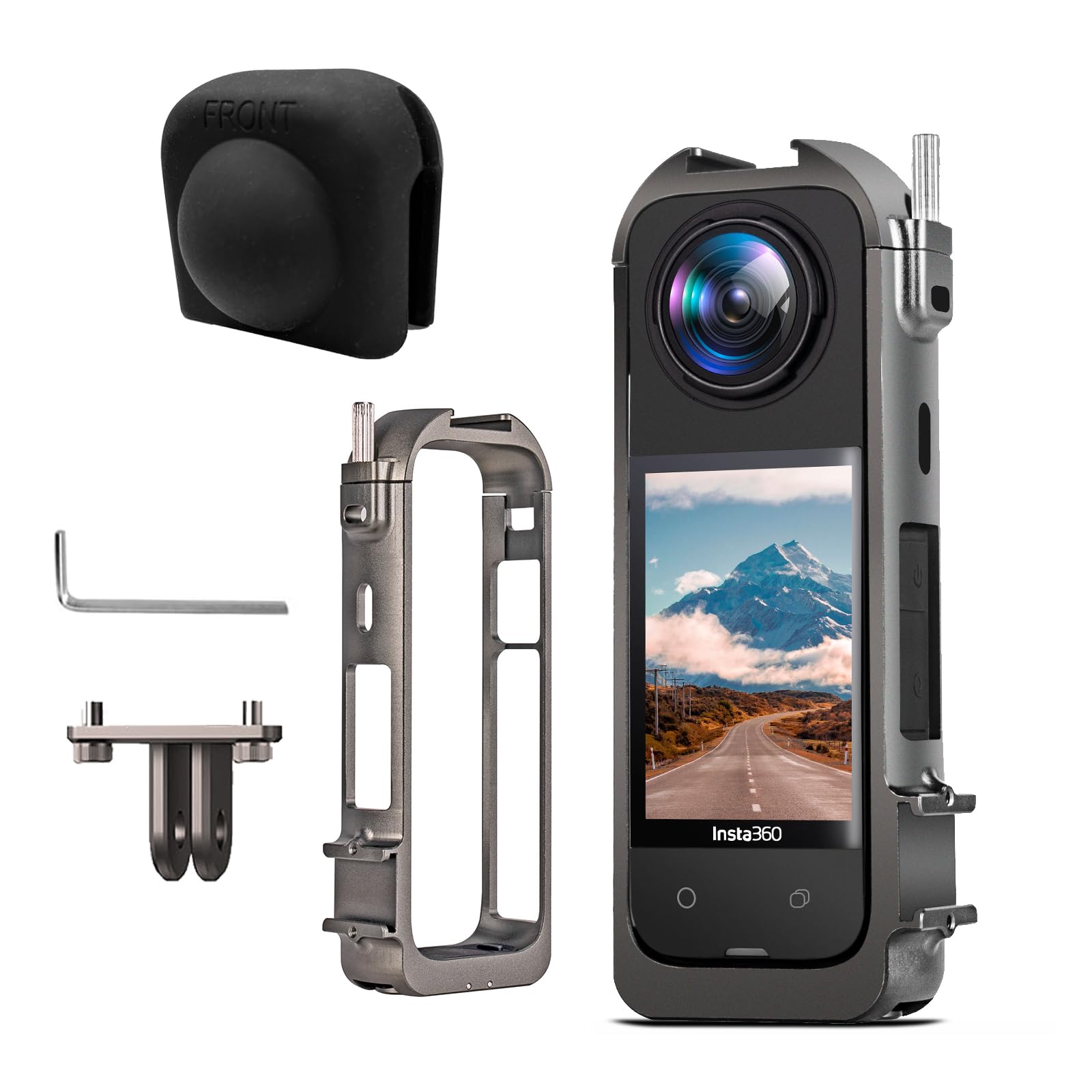 Aluminum Frame Cage for Insta360 X4, Protective Case for Insta 360 X4, with 1/4" Threads, Cold Shoe Mount, Folding Fingers, Silicone Lens Cap