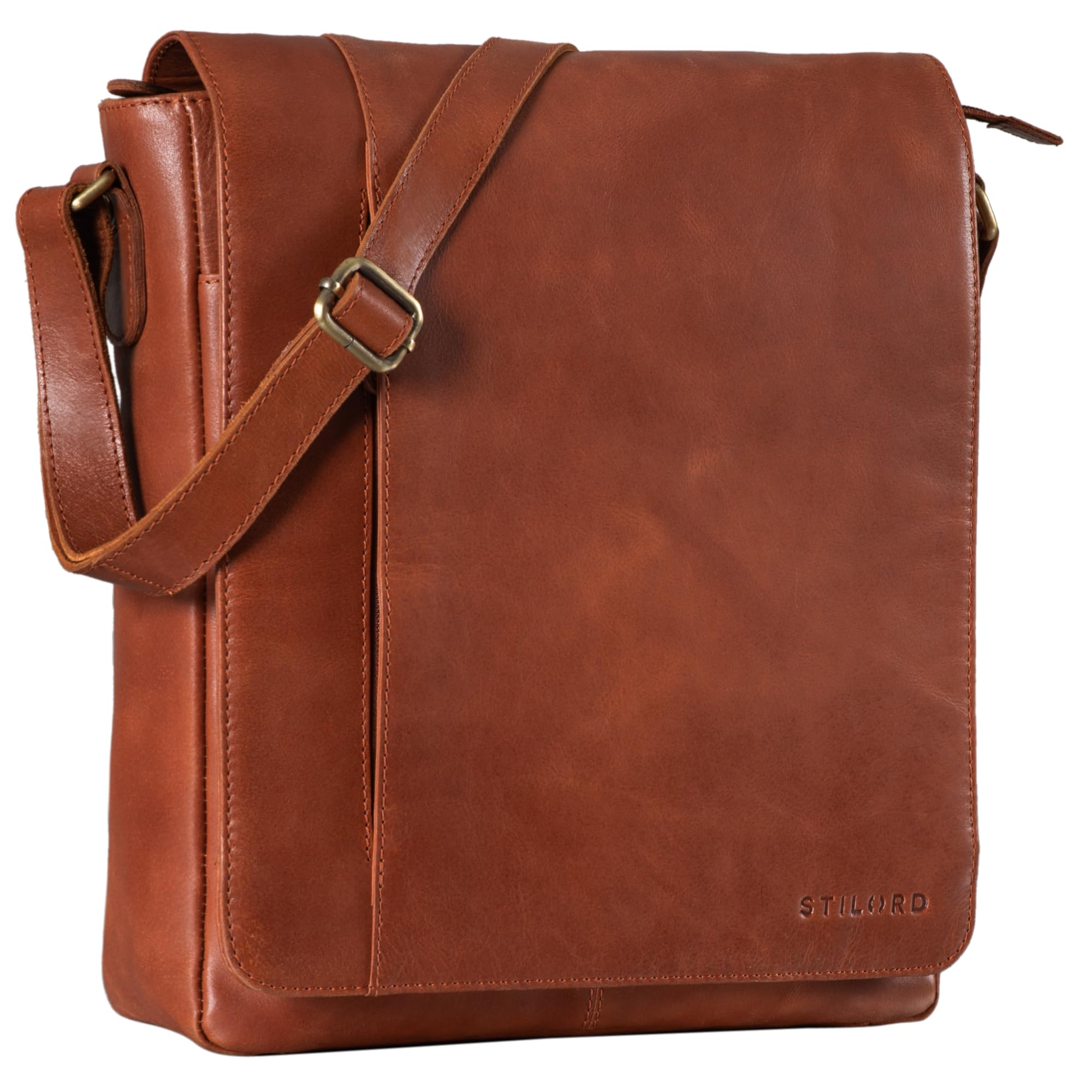 STILORD 'Paul' Leather Shoulder Bag Men Vintage Messenger Bag for 13,3 inches MacBook Tablet Vertical Crossbody Bag for A4 Documents in Genuine Leather, Colour:Vegetable - Brown