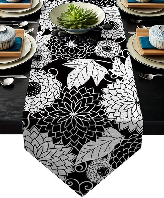 Amazon Com Jeancz Table Runner Elegant Japanese Floral Teal Black