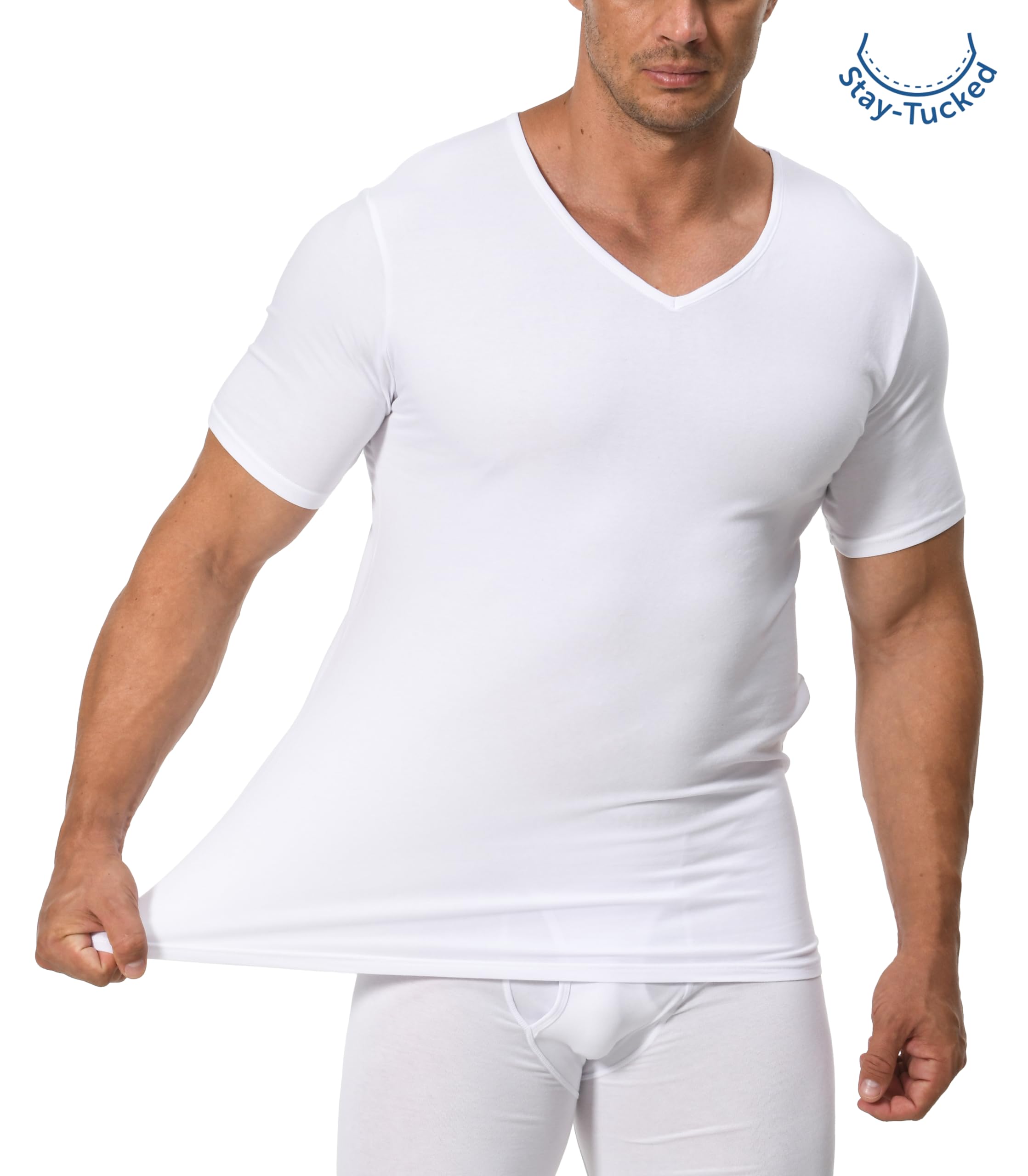 Comfneat Herren 3-Pack Elastisch T-Shirts V-Ausschnitt Baumwolle Elasthan Unterhemden (White V-Neck 3-Pack, L) 3