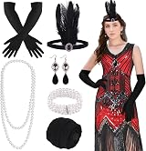 FEPITO 1920s Flapper Dress Sequin Fringe V-Neck Midi 20s Accessories Set S-XL view 1