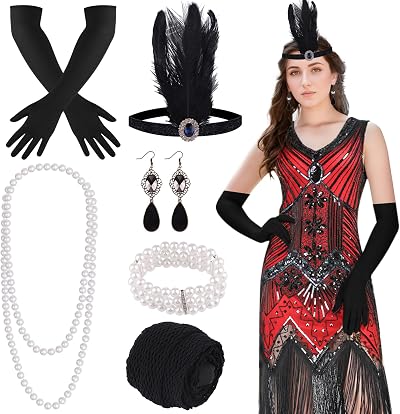 FEPITO 1920s Flapper Dress Sequin Fringe V-Neck Midi 20s Accessories Set S-XL
