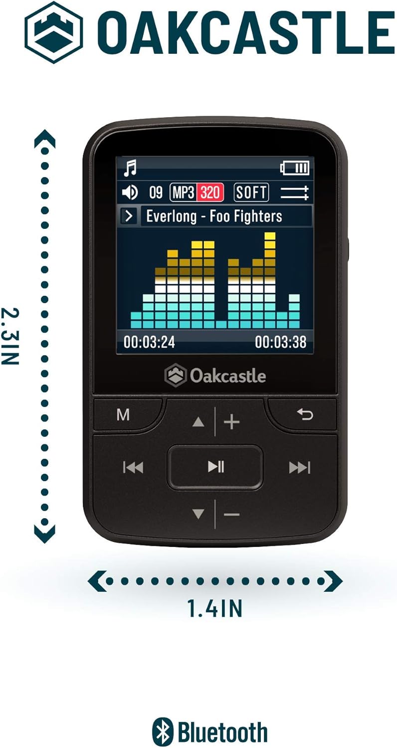 Oakcastle MP100 16GB Mini Portable MP3 Player with Bluetooth, FM Radio, Micro SD slot, Headphones + Waterproof Case Included, Expandable up to 128GB, plays FLAC & WAV files, Ideal for Running & Sports: Electronics