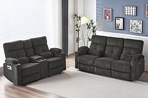 Consofa Power Reclining Sofa Set, 2 Pieces Reclining Living Room Set, Power Reclining Sofa and Loveseat Set, Recliner Sofa Set with Massage/Storage/Cup Houlder/USB Port for Living Room