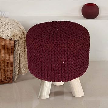 The Home Talk Trendy, Cotton Knitted Stool, 35x35x50 cm, 3 Wooden Legs, Best for Bedroom/Living Room/Dressing Room/Kids Room, Soft, Comfortable- Wine
