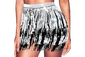 REETAN New Year Fringe Sequin Skirt Sparkly NYE Hip Scarf Rave Belly Dance Skirts for Women