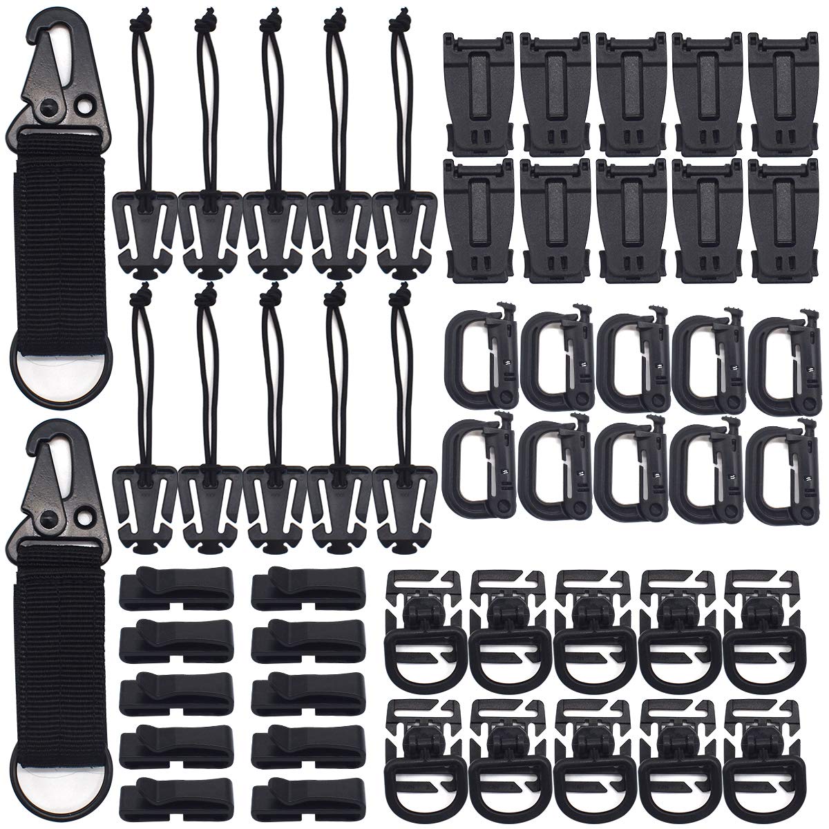 Tactical Attachments Set,RoadLoo 52 Pack Multipurpose Tactical Gear Carabiner Clip D-Ring Locking Water Tube Clip Web Dominator Buckle with Elastic String Molle Key Ring for Tactical Bags Backpack