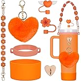 Rabrgab 7Pcs Orange Stanley Cup Accessories Set with Handle Strap, Love Heart/Flower Straw Topper Straw Cover Cap, Silicone Boot, Love Heart Charms for Water Bottle Tumbler 20oz 30oz 40oz
