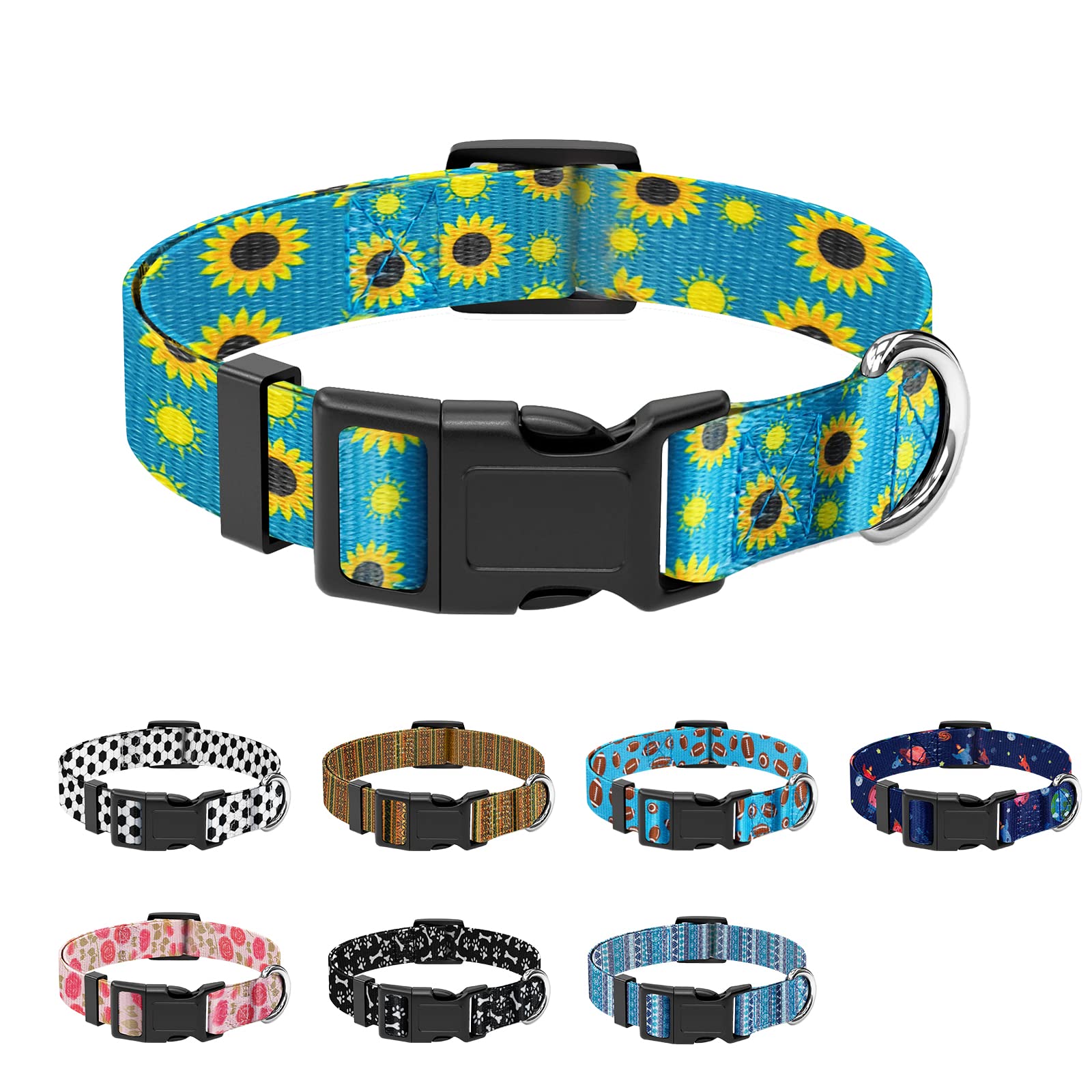 Chinbersky Dog Collar, Adjustable Soft Nylon Classic Pet Collar with Sunflower Print Pattern Personalized Design for Large Dogs, L