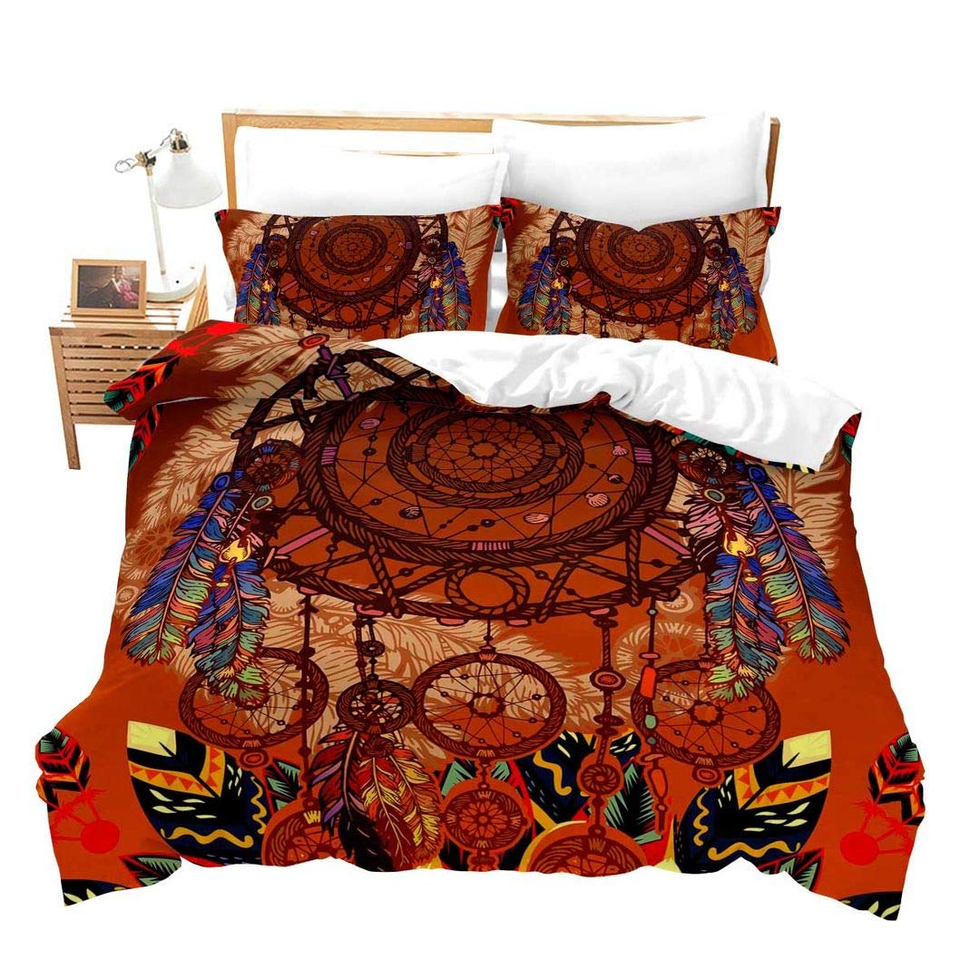 Dreamcatcher Colors Bedding 3 Pieces Boho Exotic Tribe Style Boys Teen Ultra Soft Comforter Cover Full Size Geometric Printed Decor Adult Kids Bedding Set Indian Hippie Bedspread with Zipper Ties