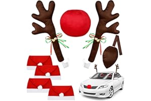 Angooni 16.7 Inch Dark Brown Christmas Reindeer Car Kit - Reindeer Car Kit with 4 Adorable Car Seat Santa Hat, Christmas Decorations Perfect for Various Car Models