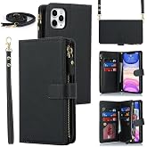 iCoverCase Compatible with iPhone 11 Pro Max Wallet Case with Card Holder, Crossbody with Wrist Strap, PU Leather Not Detachable Flip Cover Case 6.5 Inch (Black)