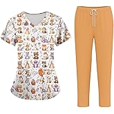 UOFOCO Medical Scrubs Set for Women Cute Print Scrub Top and Cargo Pants with Stretch Nursing Quick Dry Uniform Suits
