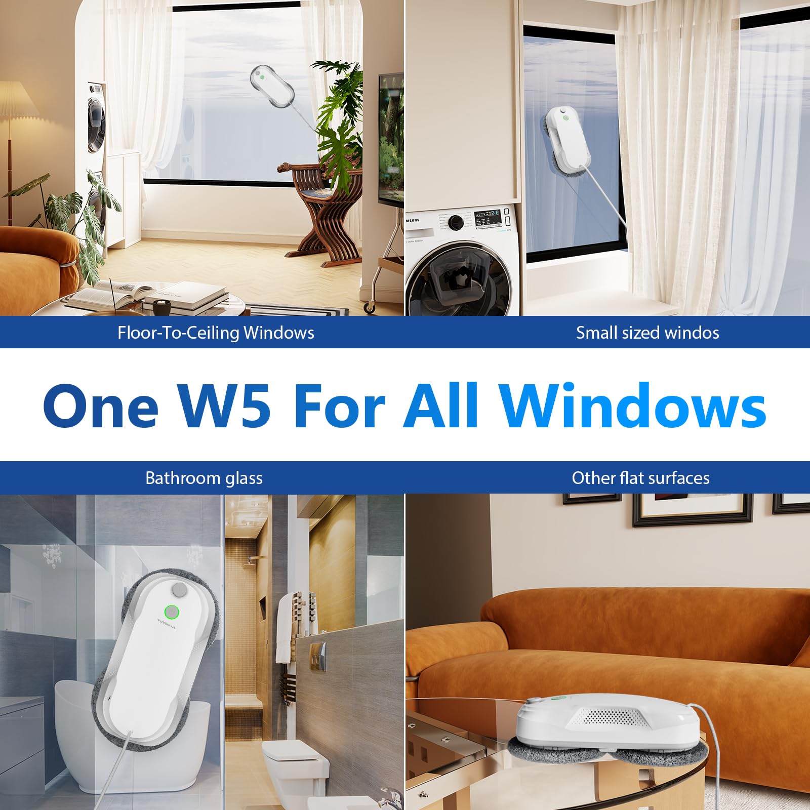 Tosima W5 Robot Limpiacristales, Limpiacristales Inteligente con Pulverización Automática de Doble Dirección con Triple Sistema de Seguridad, Navegación Inteligente, Control Remoto, para Todas Las Superficies Lisas, con 8 Trapos, Blanco