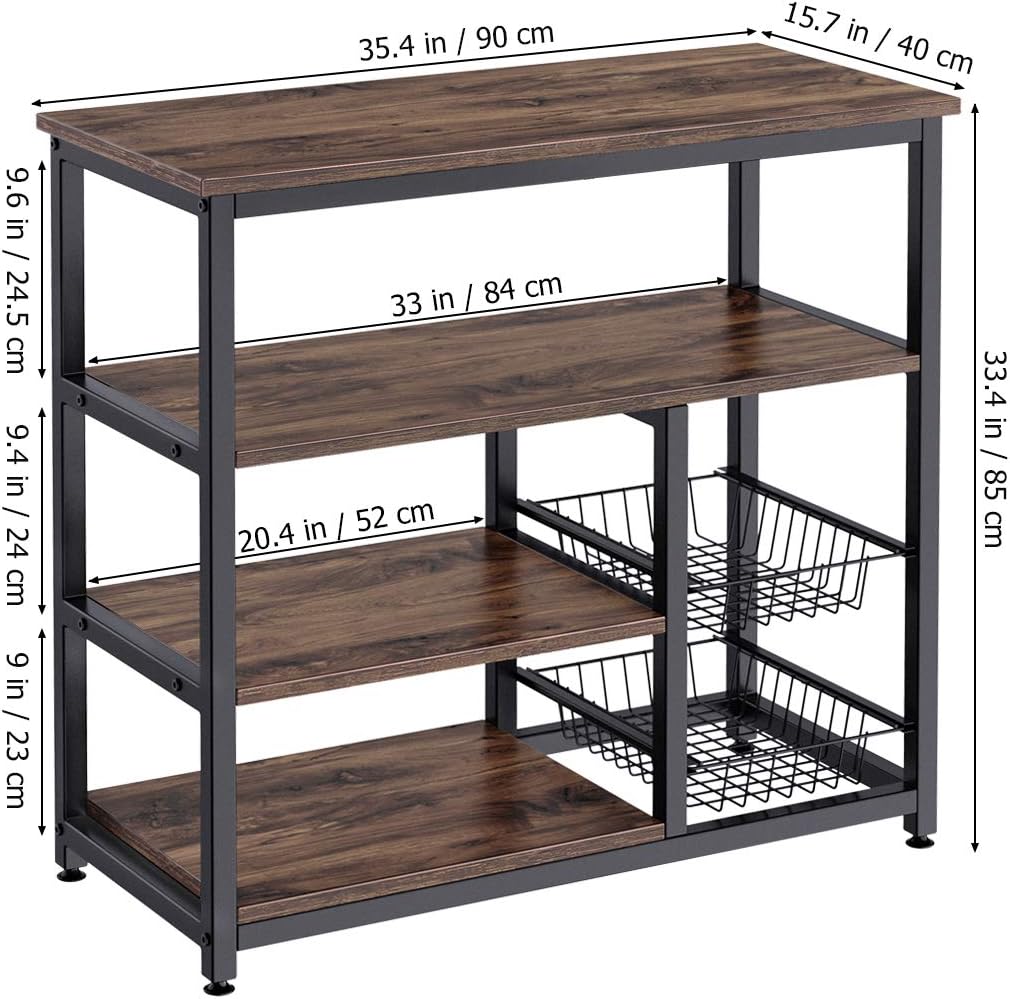Homemaxs Kitchen Baker’s Rack, 4 Tier+ 4 Tier Microwave Storage Stand with 2 Slide-Out Mesh Baskets, Vintage Utility Shelf for Spices, Pots, and Pans Organizer Workstation - Rustic Brown: Kitchen & Dining