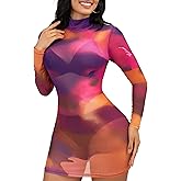 MSVLDR Sexy Long Sleeve Mini Dress for Women Sheer Mesh Printed Crew Neck Bodycon Party Clubwear See Through Dresses