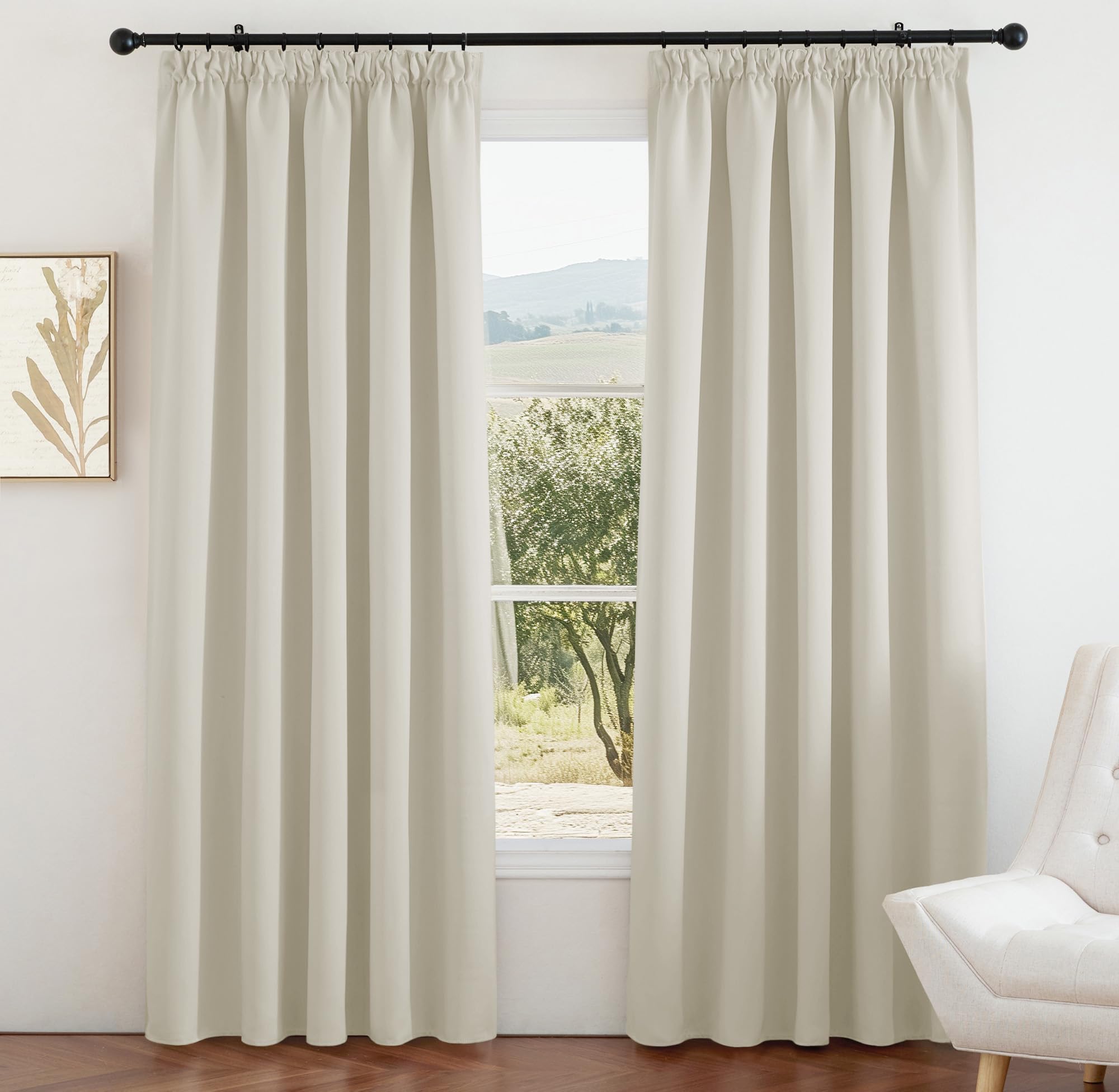 PONY DANCE Pencil Pleat Thermal Curtains for Bedroom, Light Beige Blackout Curtains 90 Inch Drop Room Darkening Window Treatment Panels for Living Room, 2 Panels, W66 X L90 — image 1
