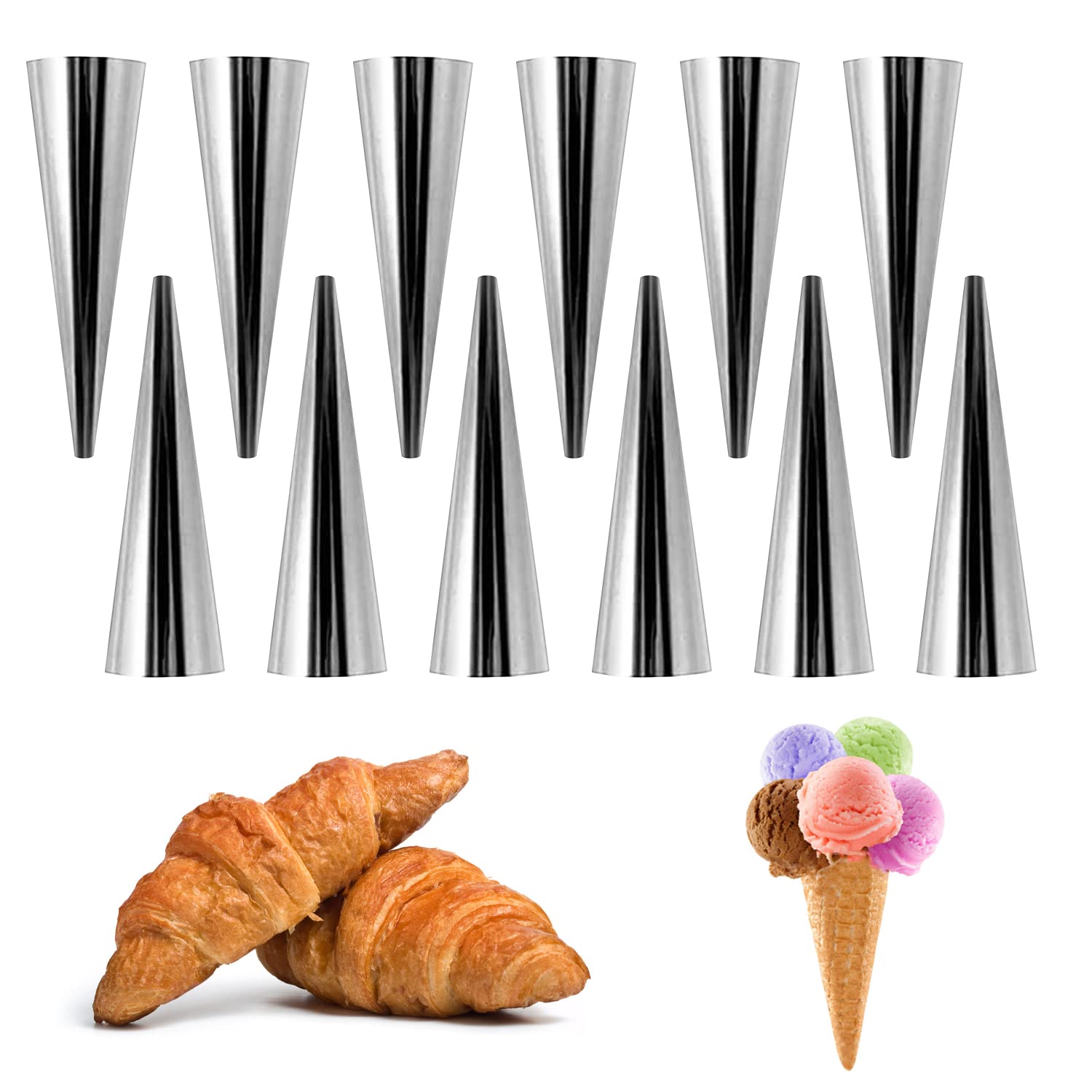 RNHDLY Non-Stick Cream Horn Cones 12Pcs Stainless Steel Cream Horn Moulds, Metal Cones for Baking, Cannoli Form Tubes