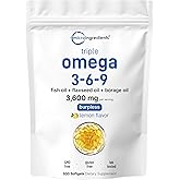 Ultra Omega 3-6-9 3600mg Per Serving, 300 Burpless Softgels | Lemon Flavor – Blend of Fish, Flaxseed, Borage Oils | Bioavailable Source, Non-GMO, No Gluten, Mercury Free