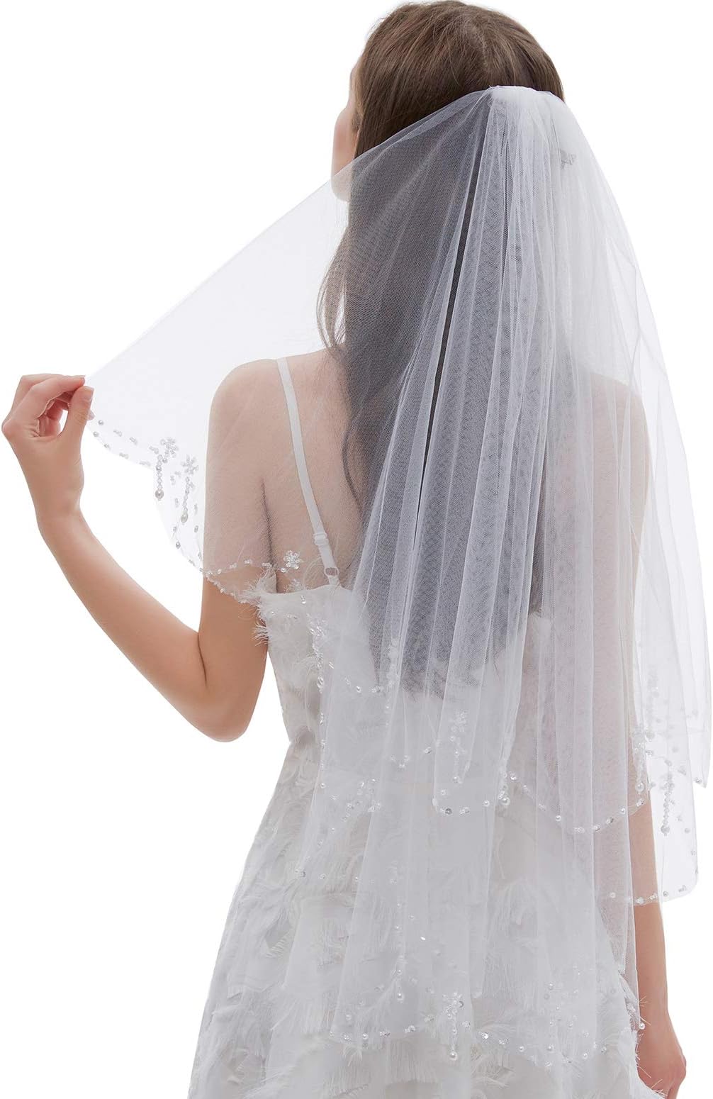 Malishow 2 Tiers Wedding Veil Sequin Beaded Pearl Edge Bling Bridal Veils