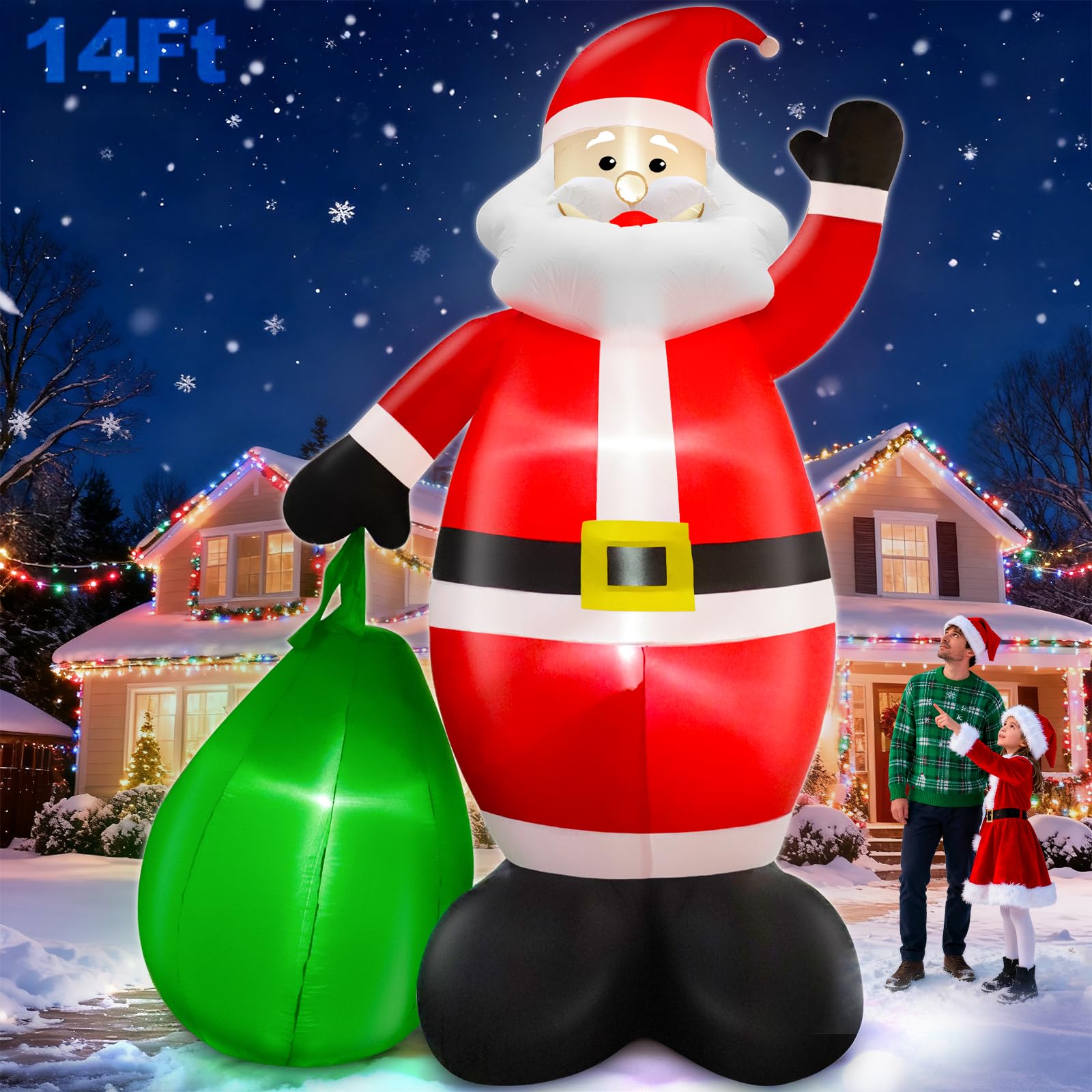 Photo 1 of 14 Ft by 8.5 Ft Giant Christmas Inflatable Santa Claus with Gift Bag Outdoor Decorations, Lighted Outside Standing Blow Up Santa Yard Decor for Lawn Garden Parties Holiday Xmas Decorations