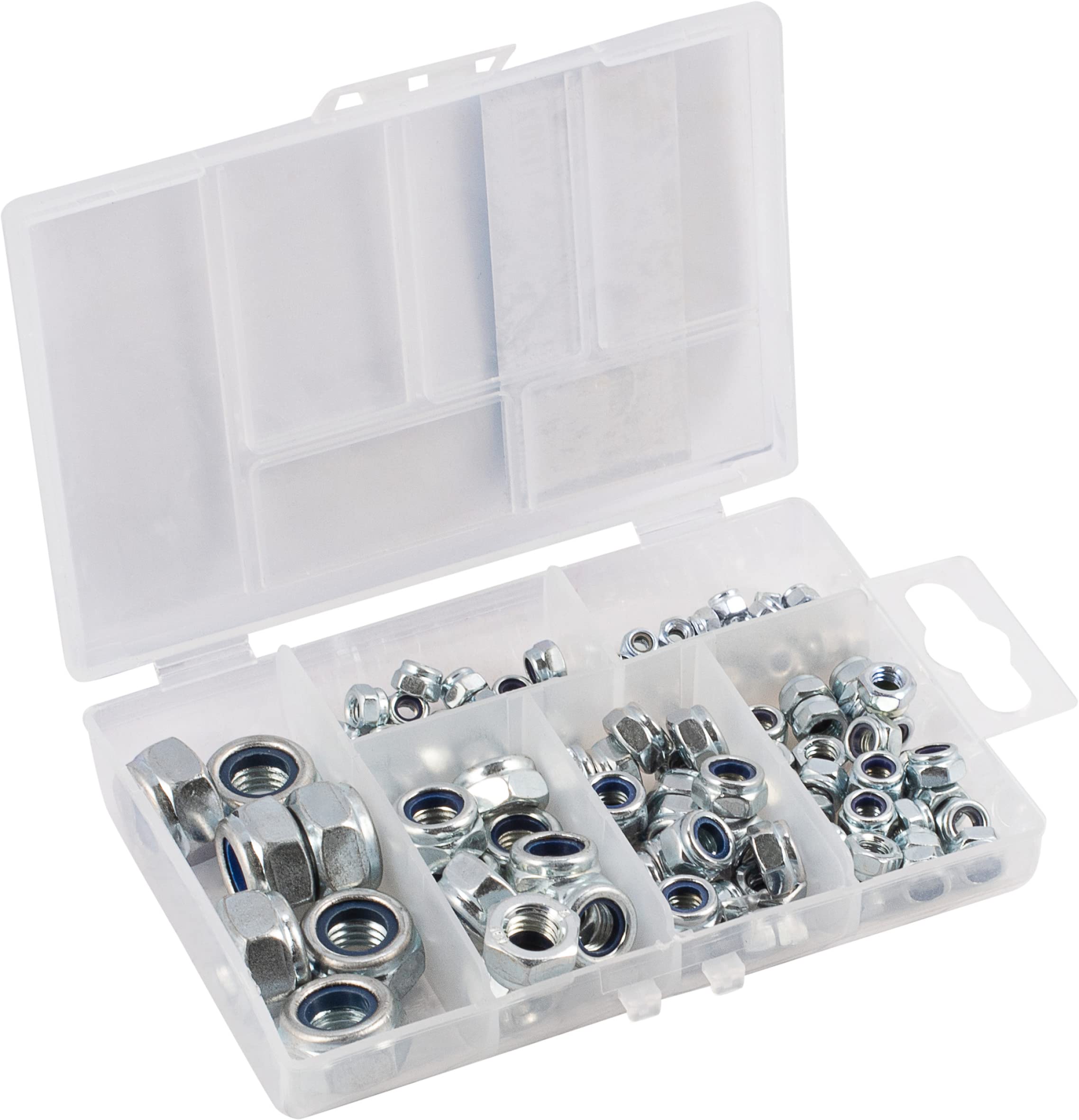 Connex DP8500111 Locking Nut Assortment 120 Pieces – Various Sizes in Set (M3, M4, M5, M6, M8, M10) – Galvanised – Pre-sorted in Practical Plastic Box/Locking Nuts/Assortment Box
