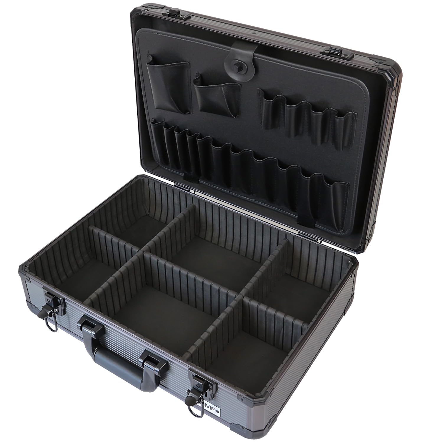 HMF Aluminium Tool Case empty with 17 insert compartments for tools, large toolbox with adjustable compartment layout | 46 x 33 x 15 cm | Anthracite Black