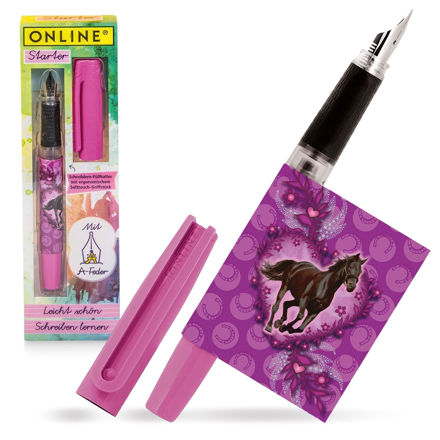 Online Learning to Write Fountain Pen with Beginner Nib A I Lovely Horse Fountain Pen - Robust & Ergonomic I Bachelor Starter for Girls & Boys I Includes Blue Ink Cartridge I Made in Germany