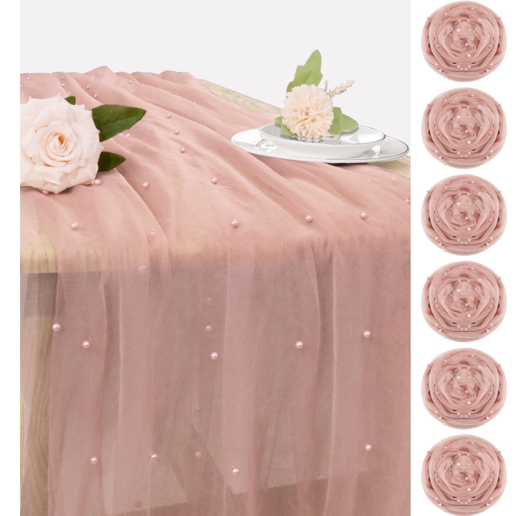 Photo 1 of Set of 6 Pearl Table Runner 29 x 120 Inch Dusty Pink Tulle Fabric Lace Table Runners Boho Rustic Table Runners for Bridal Shower Birthday Party Wedding Arch Aisle Veil Dessert Table Decor(Dusty Pink)
