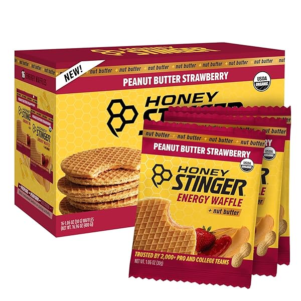 HONEY STINGER ORGANIC PEANUT BUTTER STRAWBERRY WAFFLE, ENERGY STROOPWAFEL FOR EXERCISE, ENDURANCE AND PERFORMANCE, SPORTS NUTRITION FOR HOME & GYM, PRE & DURING WORKOUT, 16.96 OUNCES (PACK OF 16)