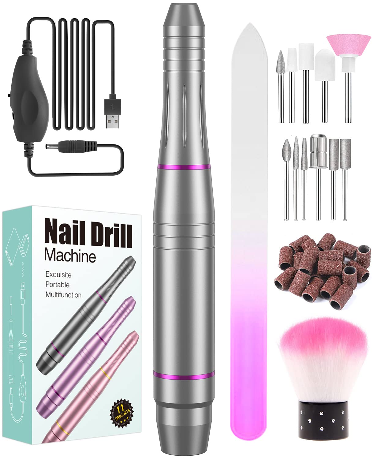 Electric Nail File, Professional Nail Drill for Acrylic Nails Low Vibration Electric Nail Drill, 20000 RPM Adjustable Speed E File, Safe Manicure Pedicure Set with 11 Drill Bits for Nail Beginner